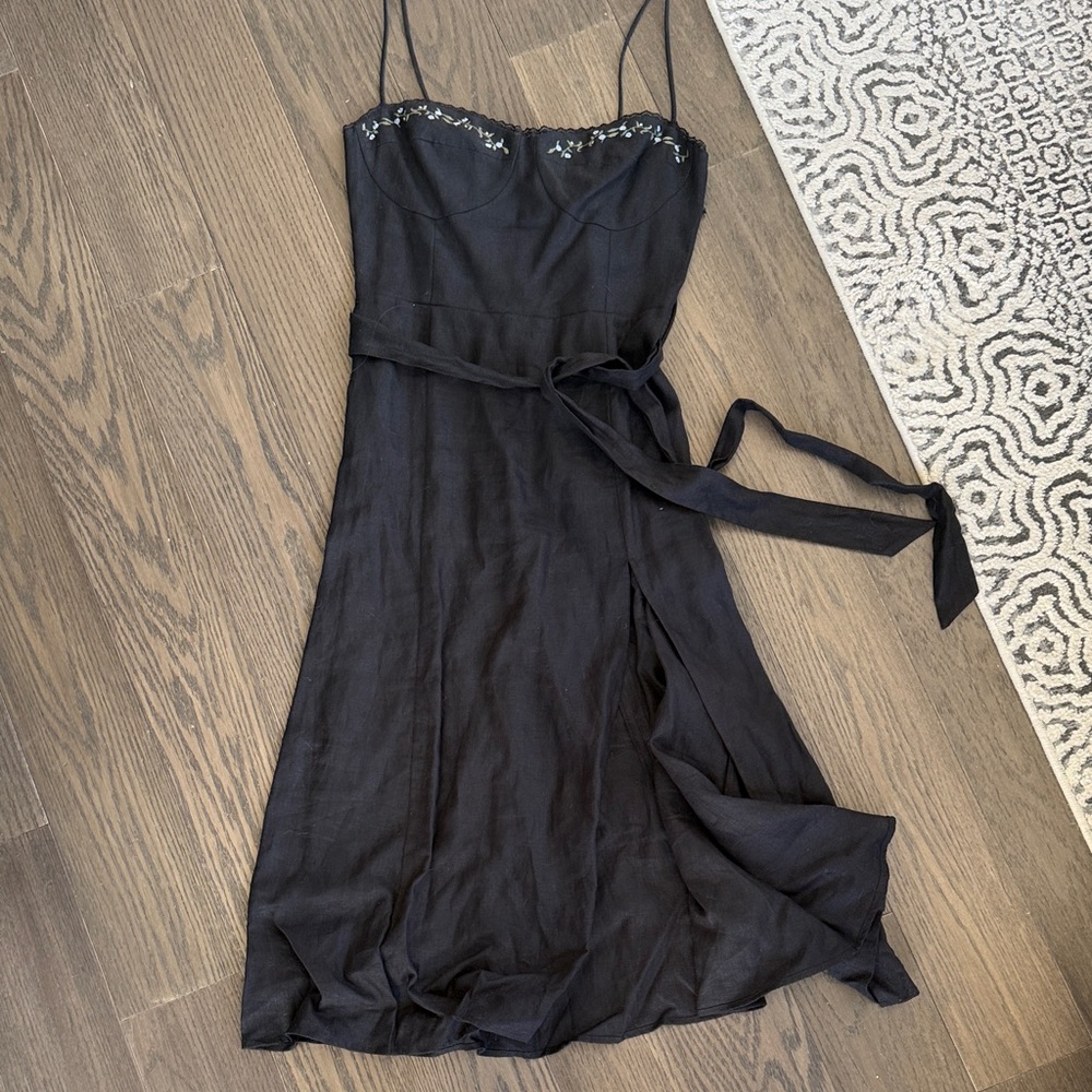 Reformation Black Embroidered-Spaghetti Strap Midi Linen Dress